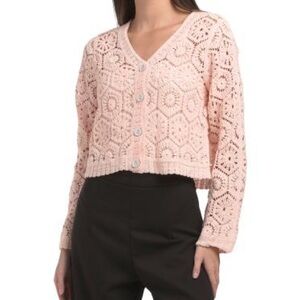 Pink Crochet V-Neck Cropped Sweater, Size L, NWT